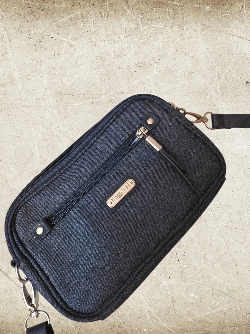 Baggallini Navy Blue Denim Crossbody Bag - Compact Everyday Carry - Picture 15 of 15